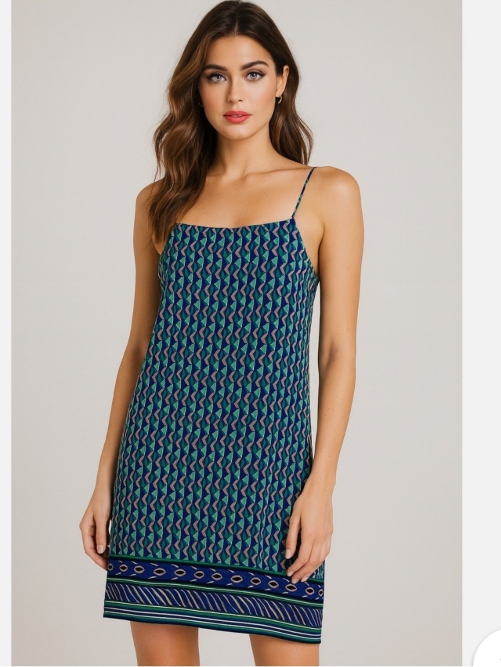 Maeve Silk Blue Teal Geometric Slip Maxi Dress - Picture 1 of 5